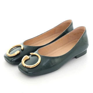 【bac】簡約方頭C字大金屬飾釦平底鞋(綠色)