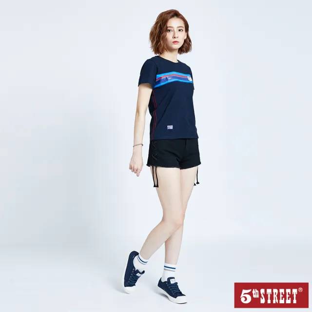 【5th STREET】雙11 女網狀抽繩刷破牛仔短褲-黑色
