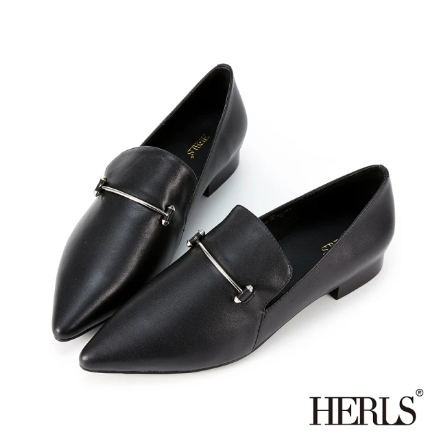 HERLS 樂福鞋-全真皮蝴蝶結釦飾小方頭低跟樂福鞋(黑色)