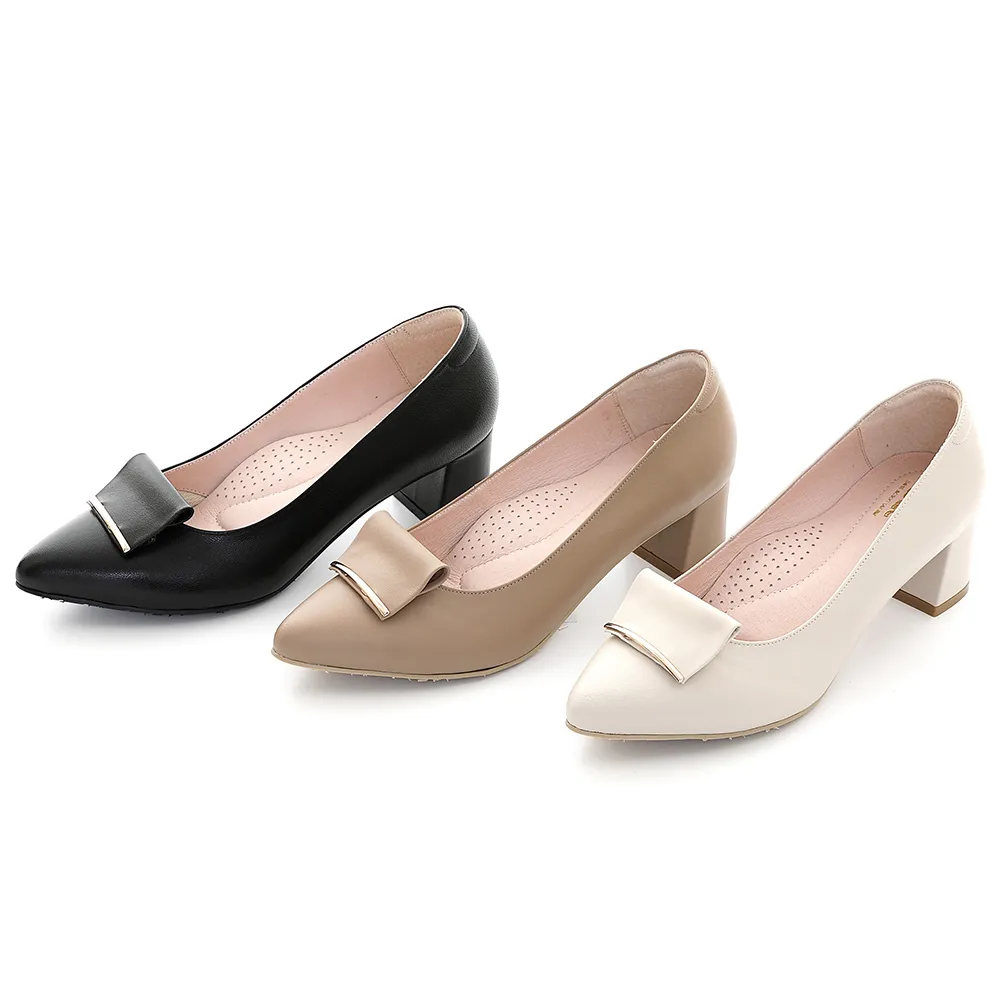 【bac】優雅細膩金屬點綴粗跟鞋(米色)