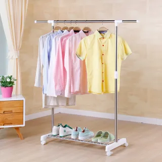 【雙手萬能】不鏽鋼可伸縮單桿置衣架(曬衣 曬被 衣桿 晾曬 防滑 附滾輪) 