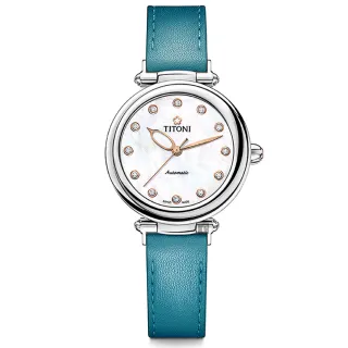 【TITONI 梅花錶】炫美時尚之約機械女錶-珍珠貝x藍錶帶/33.5mm(23978S-STT-622)