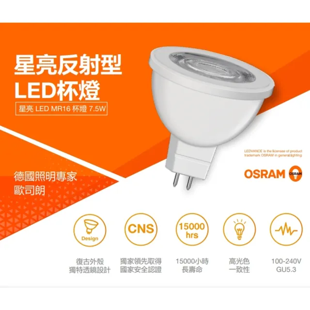 【Osram 歐司朗】星亮MR16 100-240v 反射型 LED杯燈 7.5W