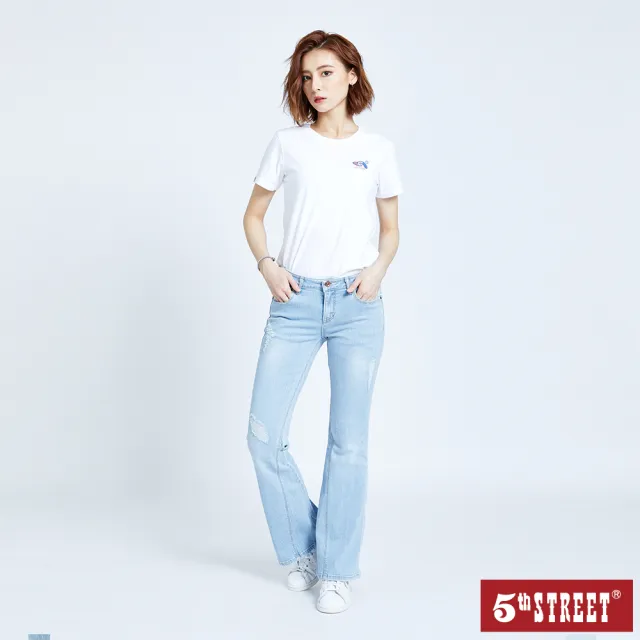 【5th STREET】女超彈性破損喇叭褲-漂淺藍