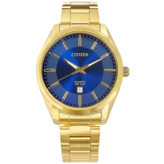 【CITIZEN 星辰】簡約時尚 礦石強化玻璃 日期 防水100米 日本機芯 不鏽鋼手錶 藍x鍍金 42mm(BI1032-58L)