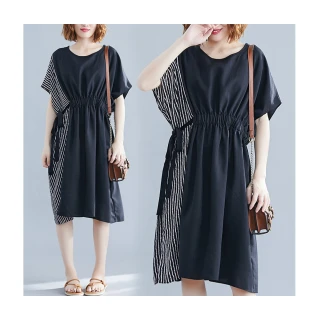 【JILLI-KO】條紋拼接收腰寬版連衣裙-F(黑)