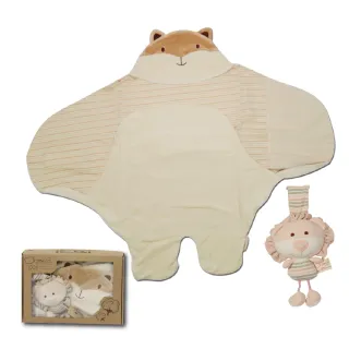【Oragnic】有機棉超值2件式禮盒-狐狸包巾+獅子音樂鈴/嬰兒包巾禮盒(禮盒裝)