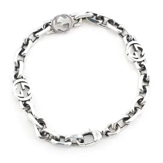 【GUCCI 古馳】Interlocking G 925純銀雙G墜飾環形復古手鍊