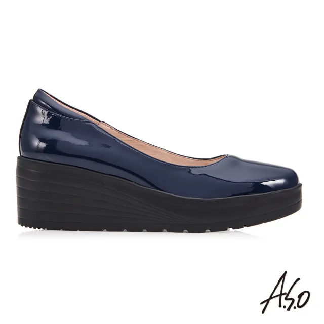 【A.S.O 阿瘦集團】美力健康素面鏡面牛皮方頭楔型鞋(深藍)