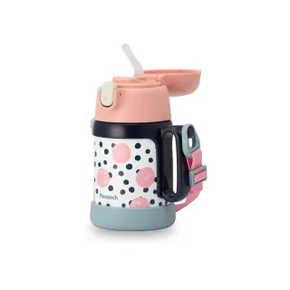 【Peacock 日本孔雀】耐衝擊底座 彈蓋吸管+水杯 兩用兒童不鏽鋼保溫杯 水壺400ML-珊瑚粉(握把+背帶設計)(保