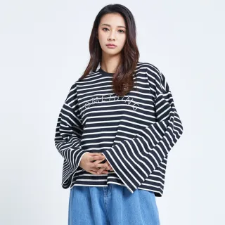 【SOMETHING】女裝 剛印條紋寬版長袖T恤(黑色)