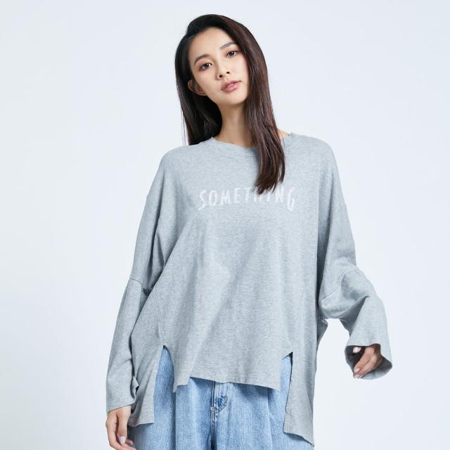 【SOMETHING】女裝 寬版條紋LOGO上衣(麻灰色)