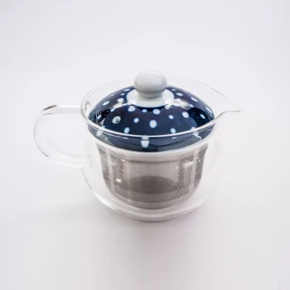 【POITC-C】日本西海藍丸紋透明玻璃茶壺-藍底白點蓋(泡茶壺  indigo japan-375ml PO46462)