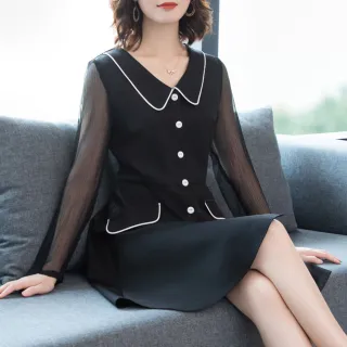 【麗質達人】20623黑色假二件洋裝 特價商品(特價商品)