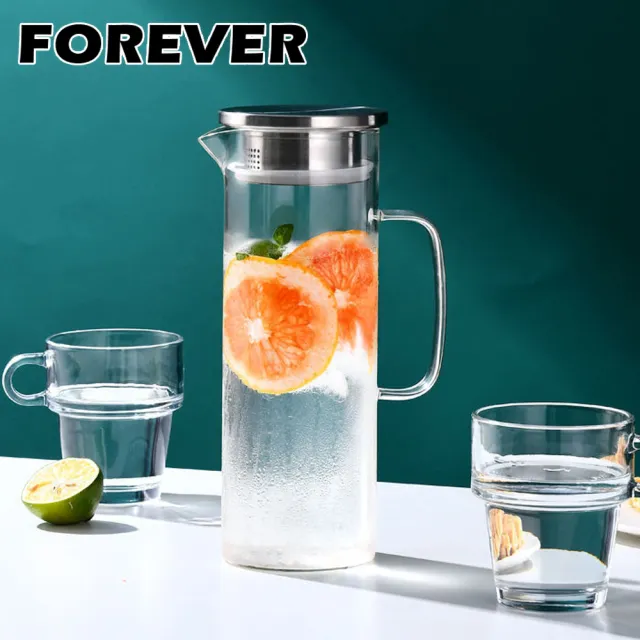 【FOREVER 鋒愛華】耐熱玻璃水壺1L手柄圓型款(買一送一)