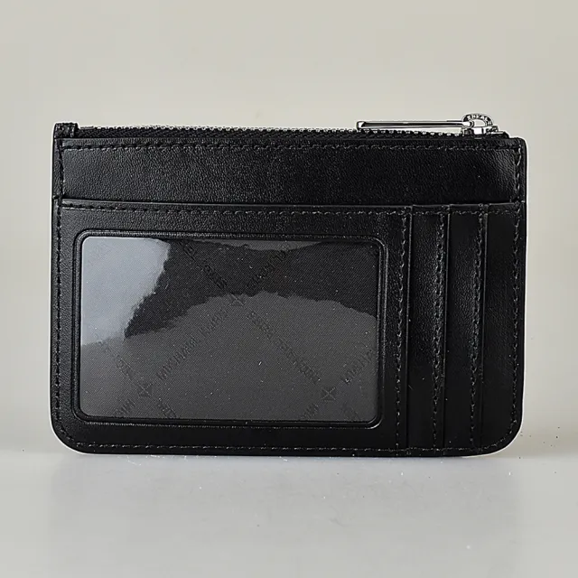 【Michael Kors】MK MICHAEL KORS JET SET 銀字LOGO字母印花PVC 3卡拉鍊鑰匙零錢包(黑)