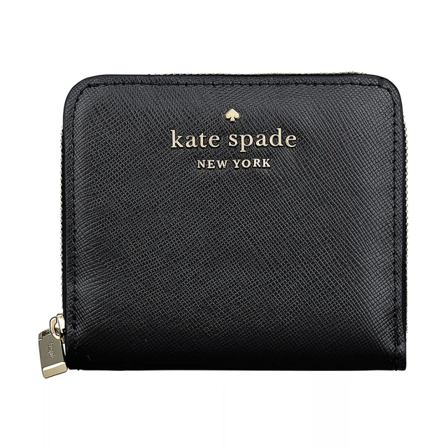 【KATE SPADE】Kate Spade STACI金屬字母LOGO防刮牛皮7卡拉鍊短夾(小/黑)