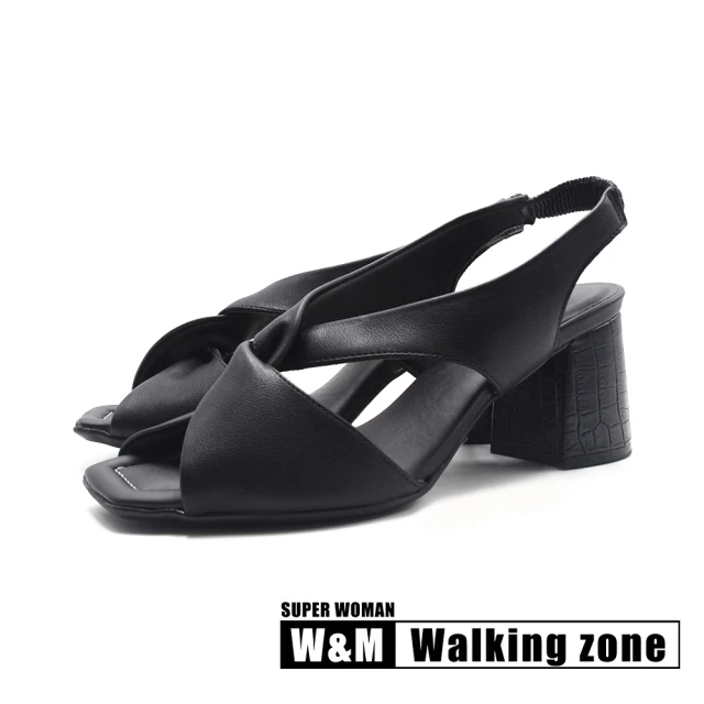 WALKING ZONEWALKING ZONE 女 Nappa皮革扭結粗跟涼鞋 女鞋(黑色)