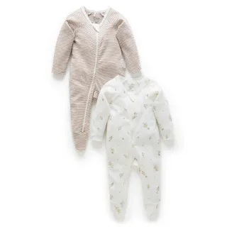 【Purebaby】有機棉 嬰兒連身衣兩件組 褐色(新生兒 包腳 連身衣)