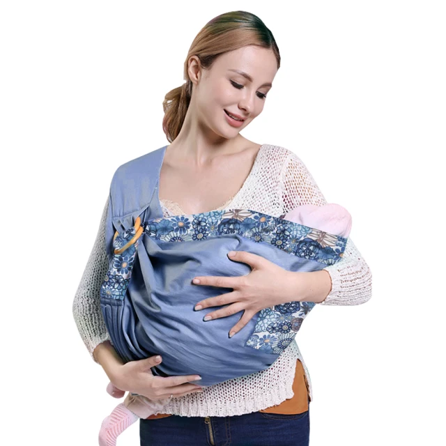 【JoyNa】嬰兒單肩背巾哺乳巾寶寶子宮型背巾(四季花邊藍色)