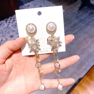 【I.Dear Jewelry】韓系飾品-閃耀復古雪花珍珠鑲鑽垂墜流蘇925銀耳針耳扣耳環(2款)