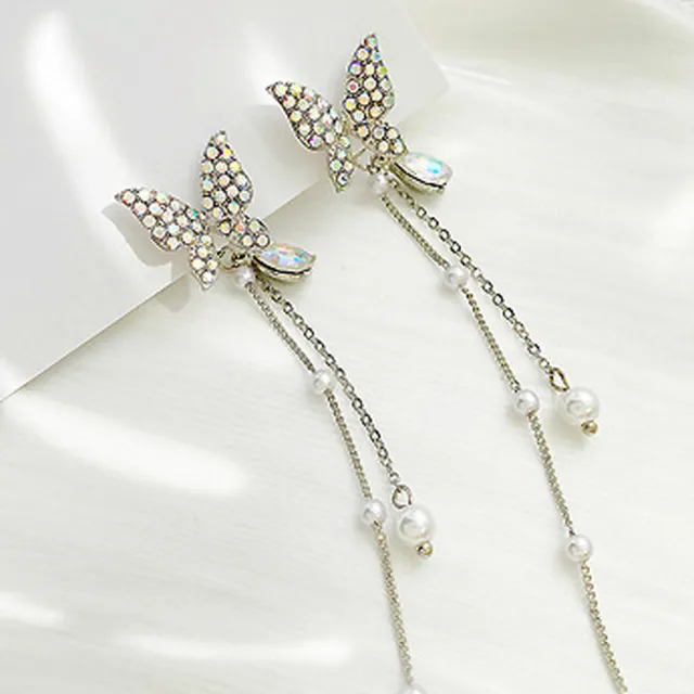 【I.Dear Jewelry】韓系飾品-氣質復古蝴蝶珍珠鑲鑽垂墜流蘇925銀耳針耳環(2色)