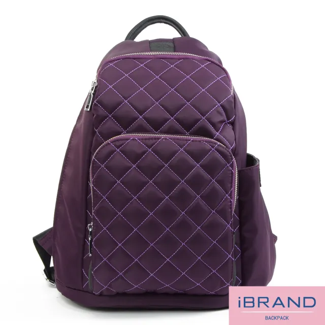【iBrand】雙11 率性菱格紋後開式防盜尼龍後背包-M(優雅紫)