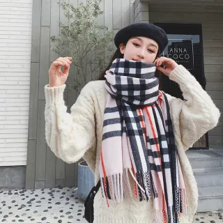【Acorn 橡果】秋冬新款蘇格蘭格紋圍巾披肩斗篷羊絨流蘇質感1610(粉色)