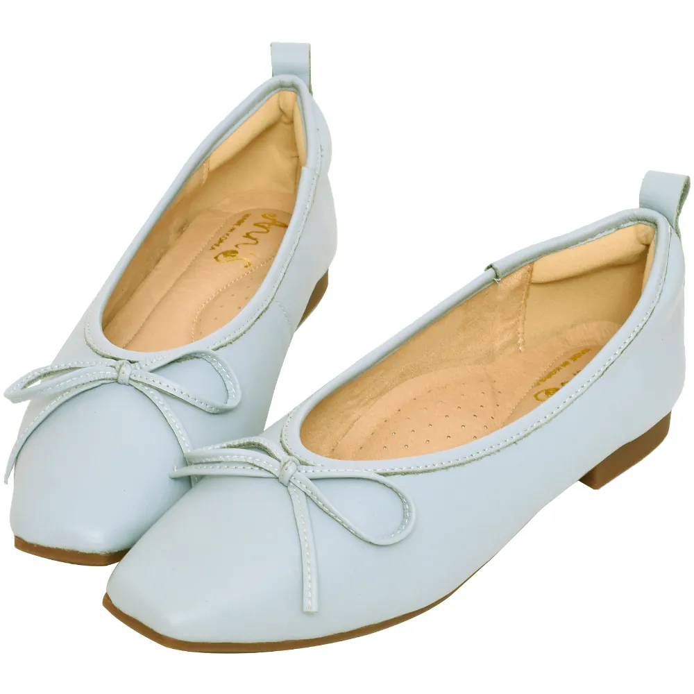 【Ann’S】法式平底鞋-柔軟全真皮蝴蝶結芭蕾小方頭鞋-版型偏小(淺藍)