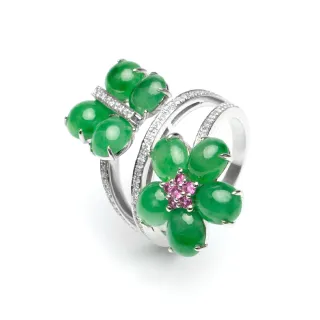 【K.D.J 圓融珠寶】比翼雙飛花開富貴翡翠戒指(18K鑲鑽.滿綠蛋面)