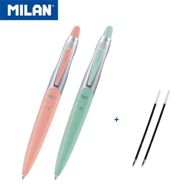 【MILAN】CAPSULE SILVER原子筆_藍_1.0mm_2入+補充筆芯_藍_2入 組(嚴選德國油墨筆芯)