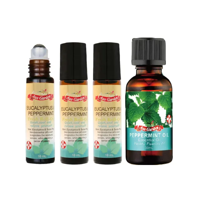 【Ausgarden 澳維花園】爆涼爽舒活４件組(薄荷精油x1+薄荷尤加利怡神滾珠精油x3)