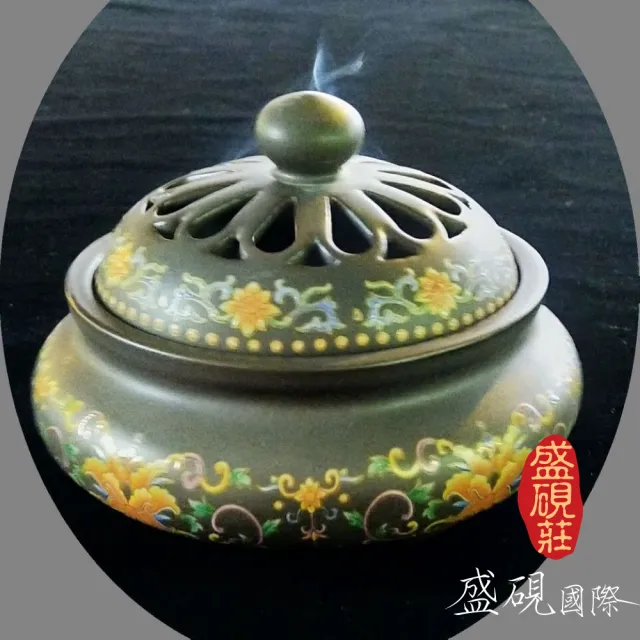 【盛硯莊佛教文物】彩繪青檸彩瓷爐(香爐極品)