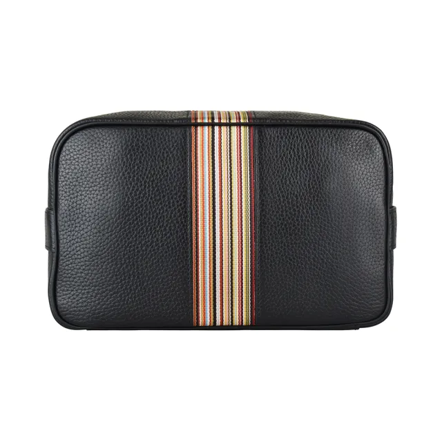 【Paul Smith】PAUL SMITH金字壓印LOGO荔枝紋小牛皮拉鍊化妝包(黑x彩色條紋)