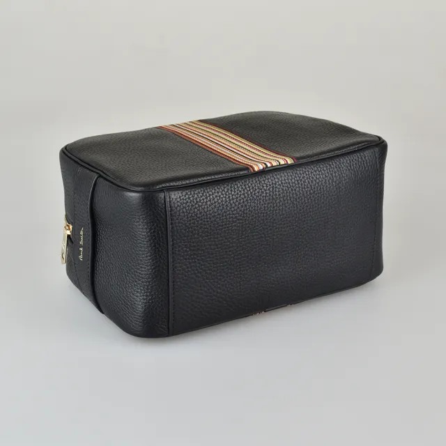 【Paul Smith】PAUL SMITH金字壓印LOGO荔枝紋小牛皮拉鍊化妝包(黑x彩色條紋)