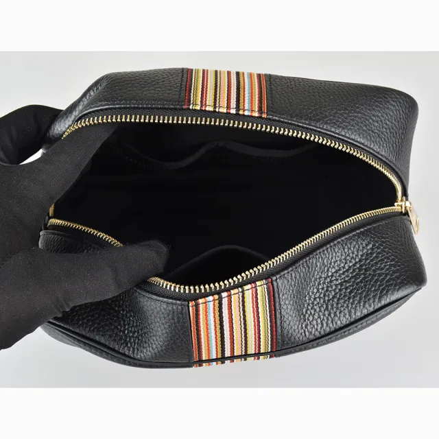 【Paul Smith】PAUL SMITH金字壓印LOGO荔枝紋小牛皮拉鍊化妝包(黑x彩色條紋)