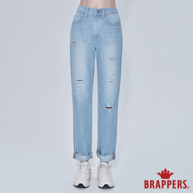【BRAPPERS】女款 Boy friend系列-腰頭鬆緊帶割破直筒褲(淺藍)