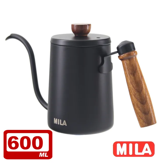 【MILA】木柄鶴嘴不鏽鋼手沖壺、細口壺-600ml+Driver 兩用咖啡濾杯組(超值優惠組)