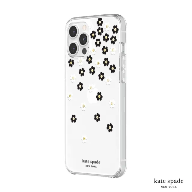 【KATE SPADE】iPhone 12 Pro Max 6.7吋 Scattered Flowers 黑白小花 金色鑲鑽透明殼(iPhone 保護殼)