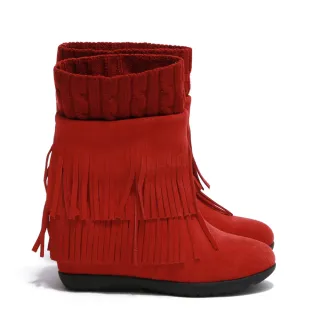【FNACE】真皮極簡格調-時髦襪套流蘇中短靴(紅色)