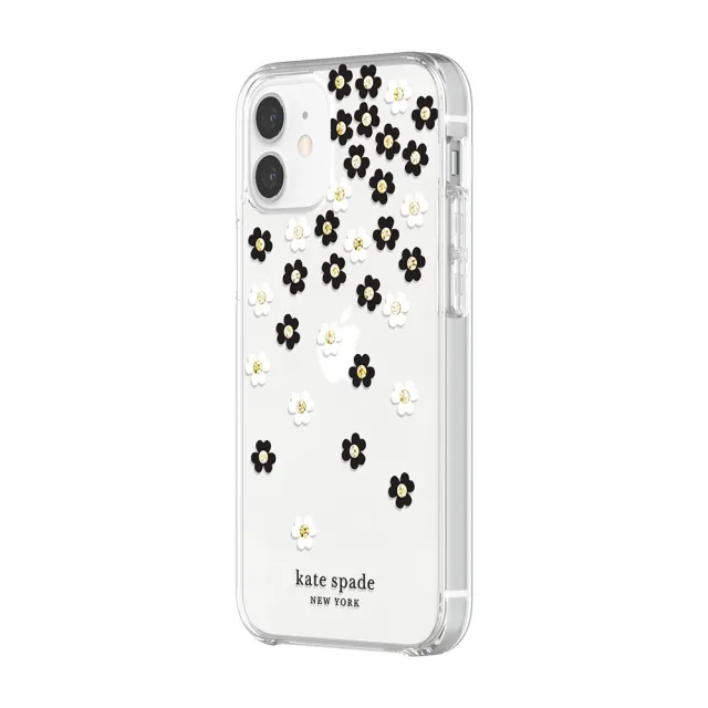 【KATE SPADE】iPhone 12 mini 5.4吋手機保護殼/套(黑白小花+金色鑲鑽)
