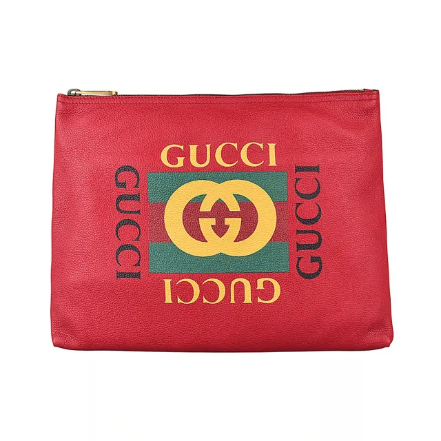 【GUCCI 古馳】GUCCI經典綠紅綠印花LOGO荔枝紋設計牛皮手拿化妝包(紅)