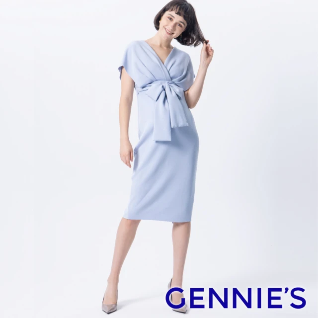 【Gennies 奇妮】大V領小禮服洋裝-藍(孕婦裝 彈力 開衩 蝴蝶結)