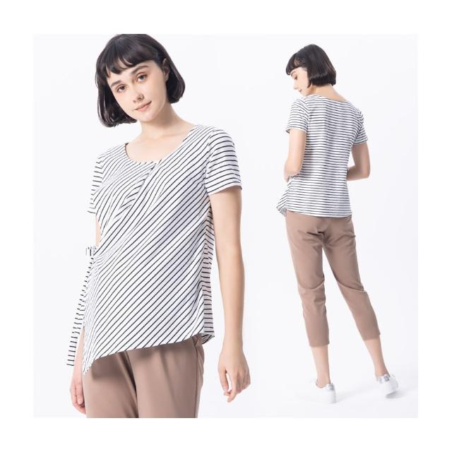 【Gennies 奇妮】休閒親膚棉哺乳上衣白底黑條(哺乳衣 短袖哺乳衣 前片式 綁帶 哺乳巾 側開哺乳)