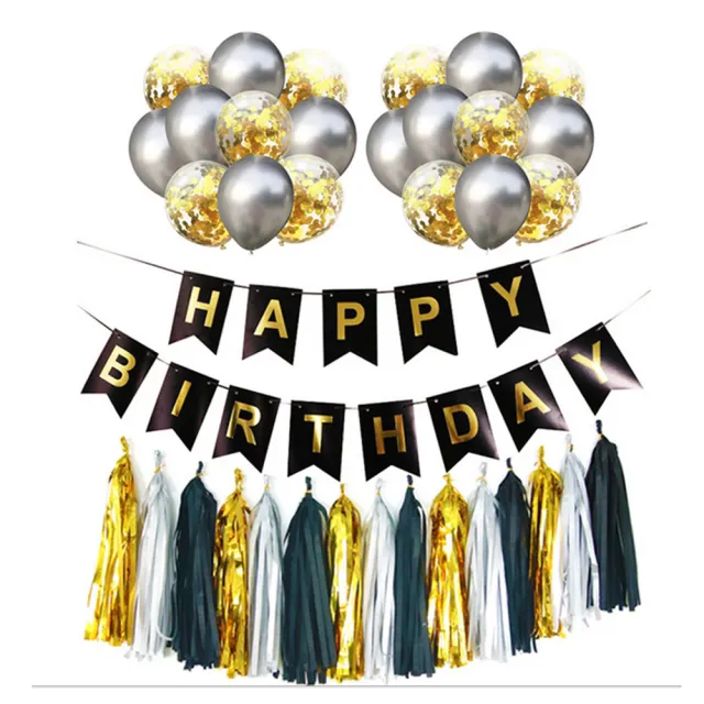 黑色燙金掛旗黑銀金系生日快樂套組1組(生日氣球 生日佈置 生日派對 派對氣球 氣球 鋁模氣球)