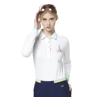【Lynx Golf】女款吸濕排汗壓光冰涼紗彩色鈕扣長袖立領POLO衫/高爾夫球衫(白色)