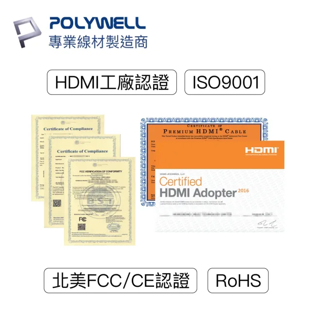 【POLYWELL】HDMI線 2.0版 8M 公對公 4K60Hz UHD HDR ARC(適合家用/工程/裝潢)