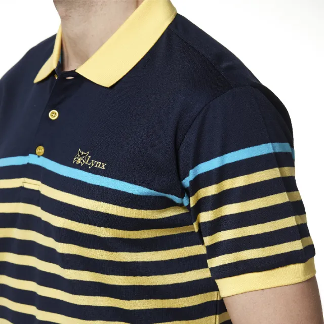 【Lynx Golf】男款吸濕排汗合身版配色條紋山貓繡花短袖POLO衫/高爾夫球衫(黃色)