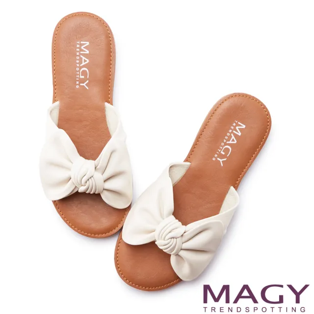【MAGY】大蝴蝶結造型真皮平底 女 拖鞋(米色)