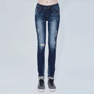 【BRAPPERS】女款 新美腳 ROYAL系列-低腰彈性割破窄管褲(藍)